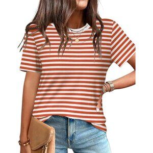 Zeagoo Womens Orange White Short Sleeve Striped Basic Crew Neck Casual T Shirts